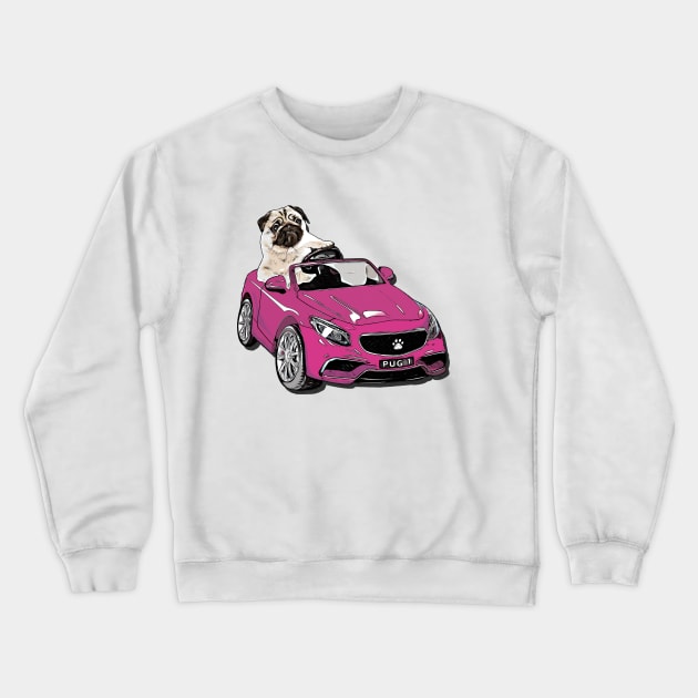 Pug Racer - Pug Driving Car Crewneck Sweatshirt by CreativeFlares